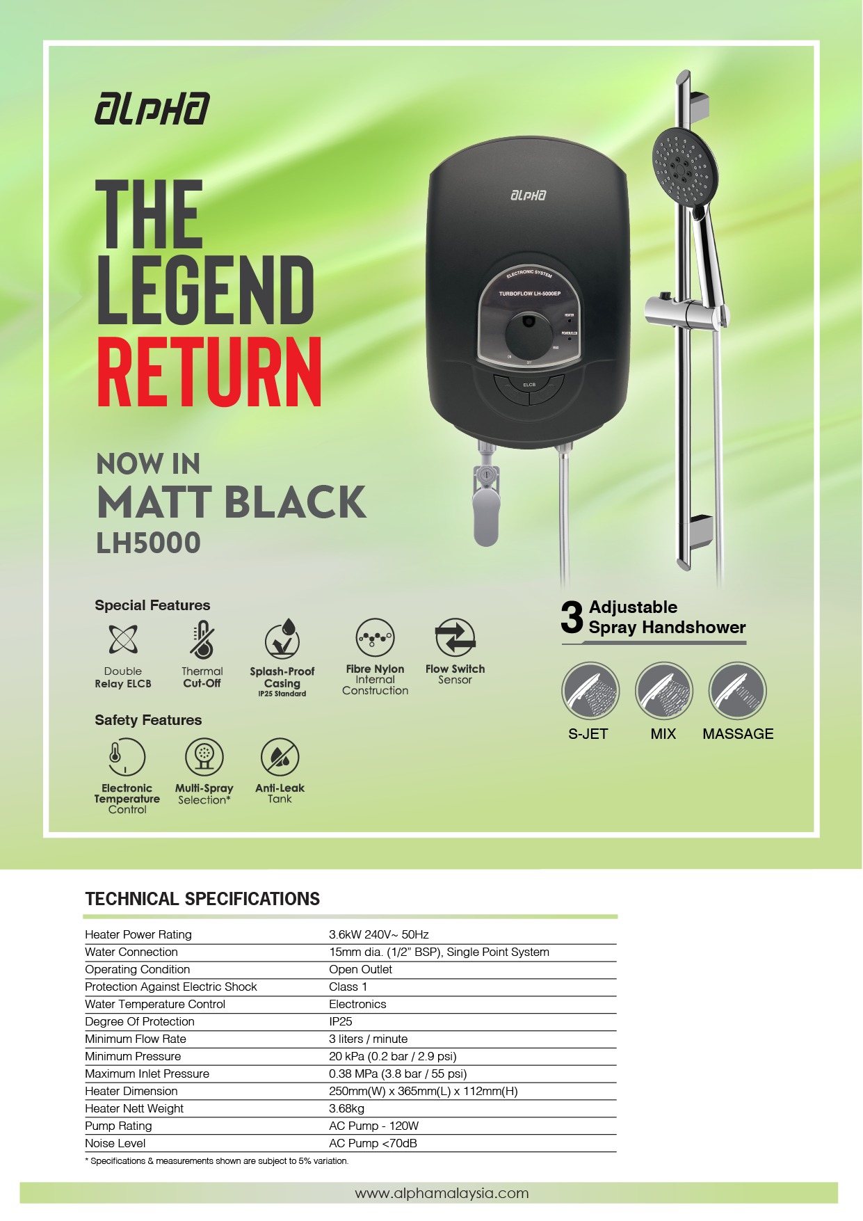 LH5000 Matt Black — Alpha Instant Water Heater