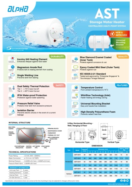 Alpha AST Storage Tank (Universal Mounting Bracket) brochure — Alpha Storage Water Heater